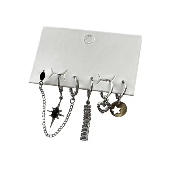 Gümüş Renk Taş Detaylı 6lı Küpe Set