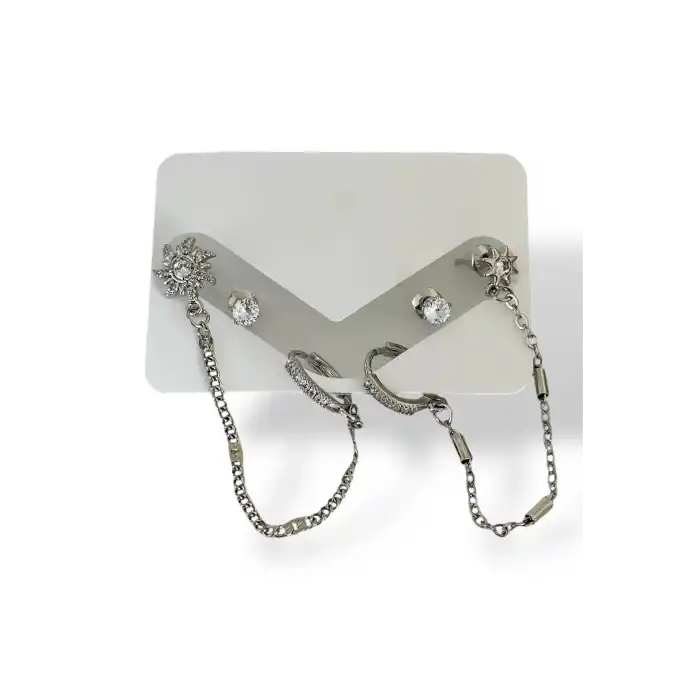 Gümüş Renk Taş Detaylı 6lı Küpe Set