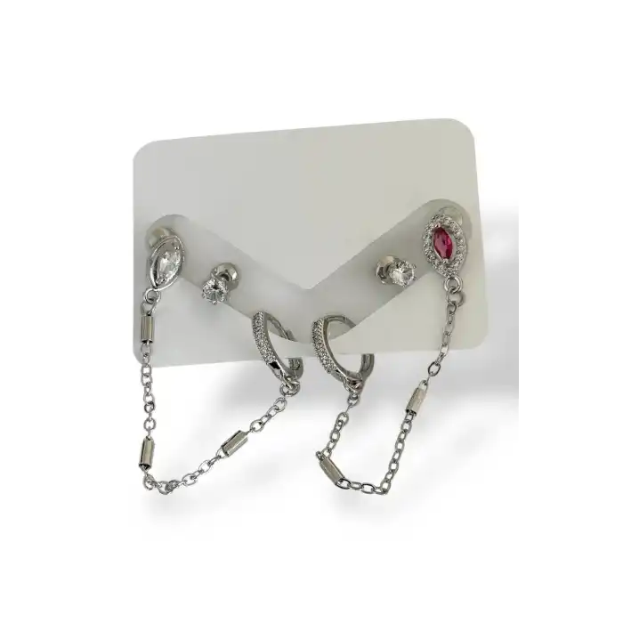 Gümüş Renk Taş Detaylı 6lı Küpe Set