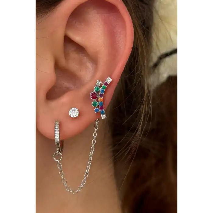 Gümüş Renk Taş Detaylı 6lı Küpe Set