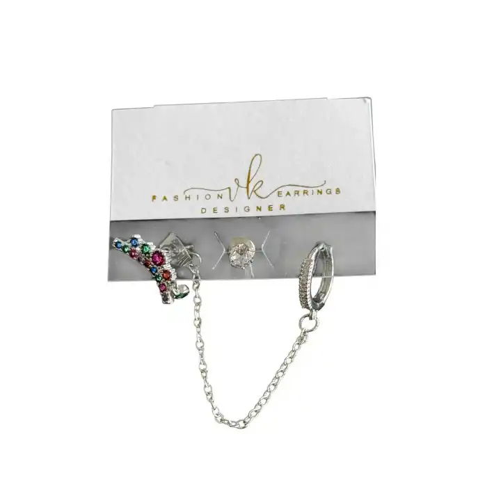 Gümüş Renk Taş Detaylı 6lı Küpe Set