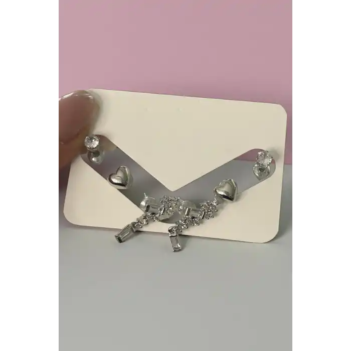 Gümüş Renk Taş Detaylı 6lı Küpe Set