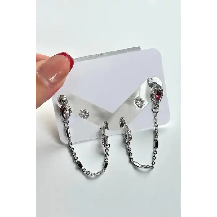 Gümüş Renk Taş Detaylı 6lı Küpe Set