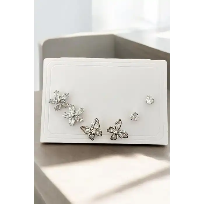 Gümüş Renk Taş Detaylı 6lı Küpe Set