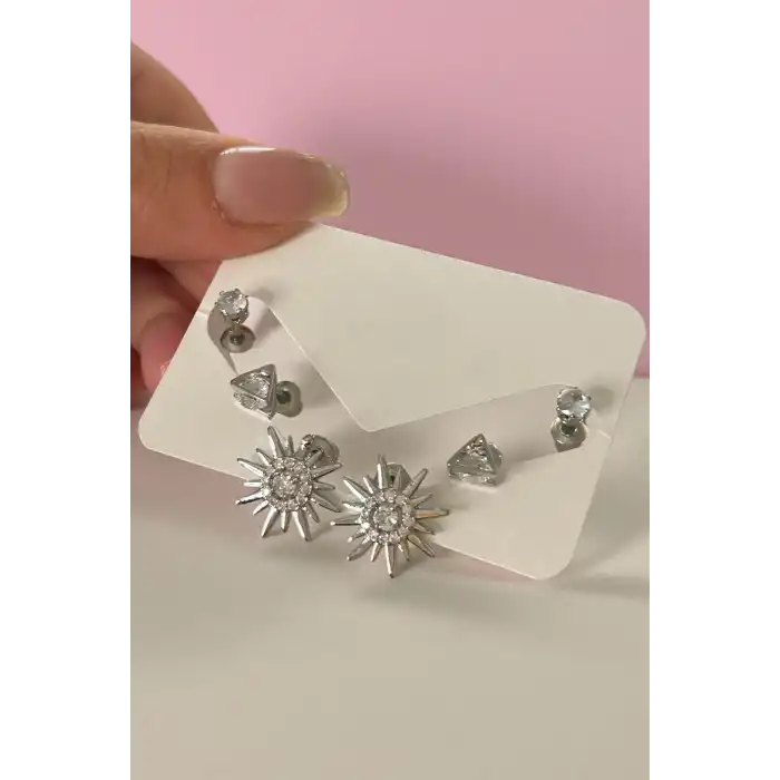 Gümüş Renk Taş Detaylı 6lı Küpe Set