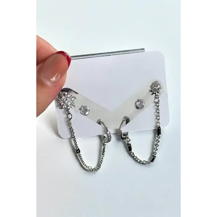 Gümüş Renk Taş Detaylı 6lı Küpe Set