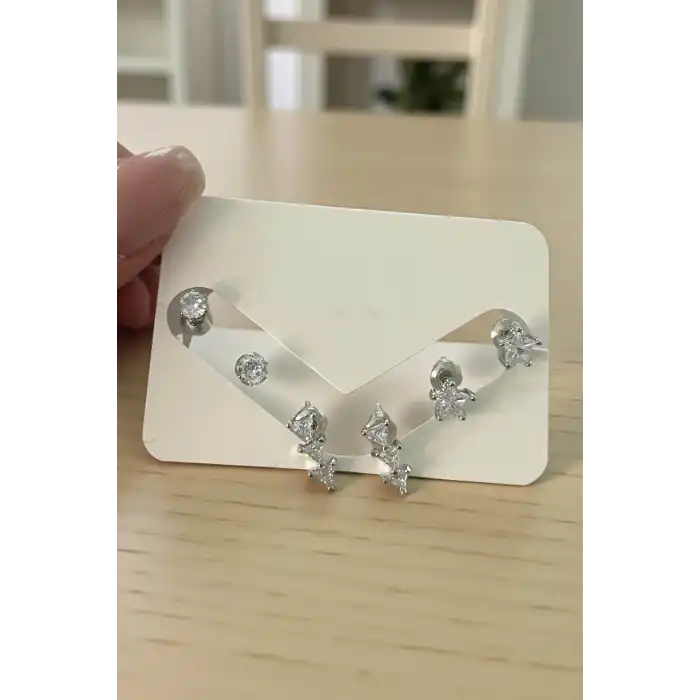 Gümüş Renk Taş Detaylı 6lı Küpe Set
