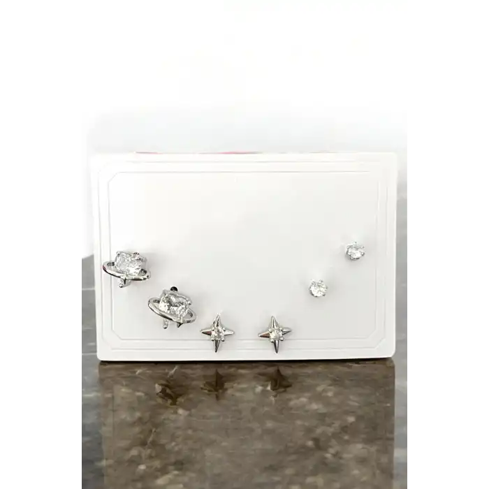 Gümüş  Renk Taş Detaylı 6lı Küpe Set