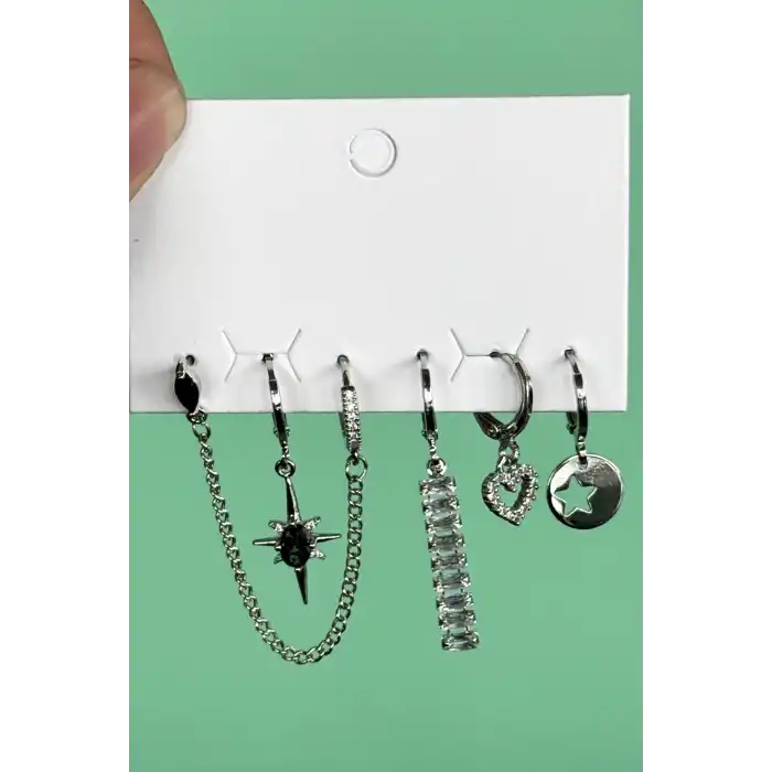 Gümüş Renk Taş Detaylı 6lı Küpe Set