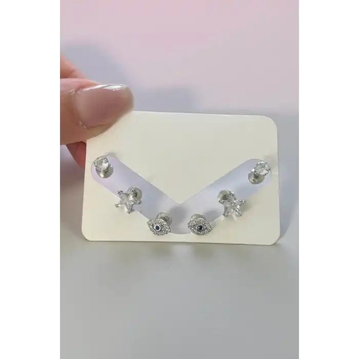 Gümüş Renk Taş Detaylı 6lı Küpe Set