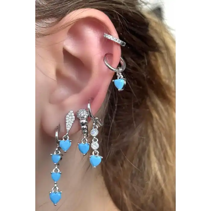 Gümüş Renk Taş Detaylı 6lı YSX Küpe Set