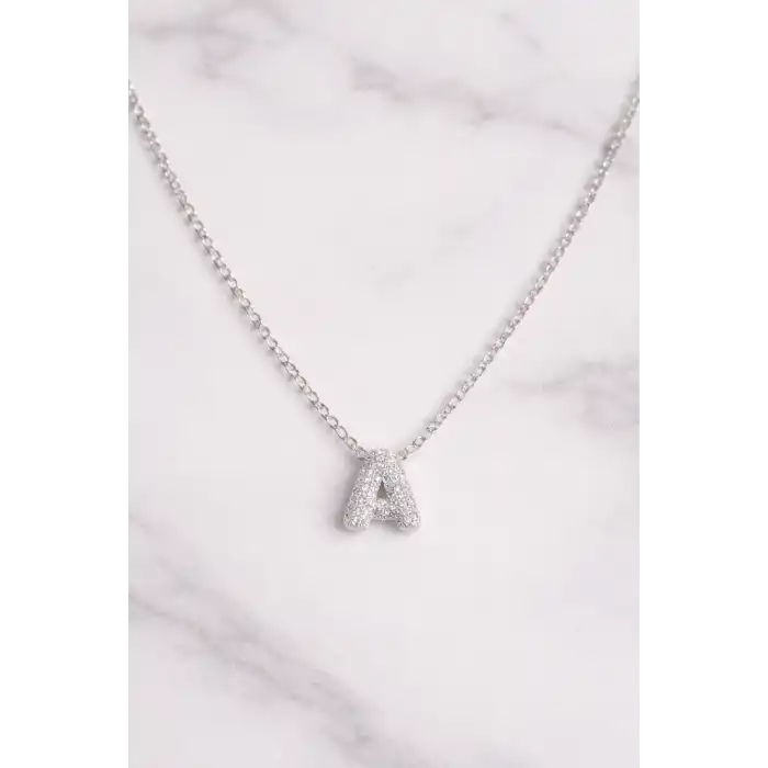 Gümüş Renk Taş Detaylı A Harfli Çelik Kolye