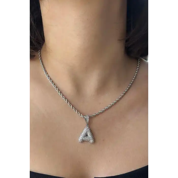 Gümüş Renk Taş Detaylı A Harfli Kolye