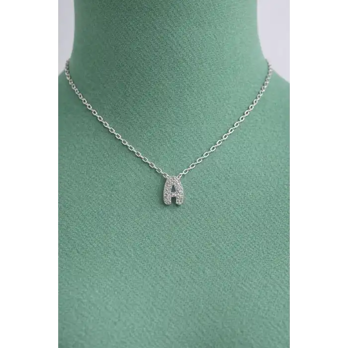 Gümüş Renk Taş Detaylı A Harfli Mini Çelik Kolye