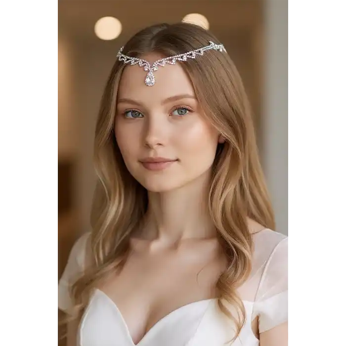 Gümüş Renk Taş Detaylı Alınlık/Kına Aksesuarı