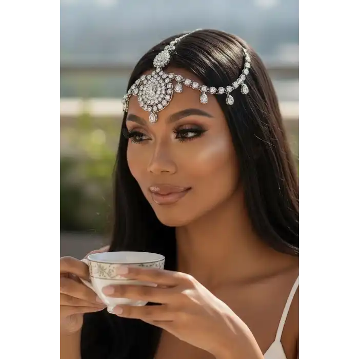 Gümüş Renk Taş Detaylı Alınlık/Kına Aksesuarı
