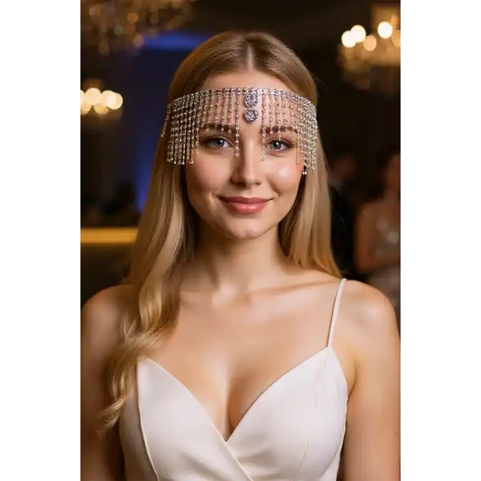 Gümüş Renk Taş Detaylı Alınlık/Kına Aksesuarı