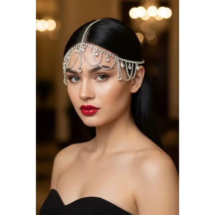 Gümüş Renk Taş Detaylı  Alınlık/Kına Aksesuarı