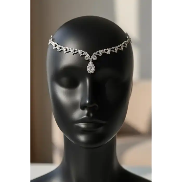 Gümüş Renk Taş Detaylı Alınlık/Kına Aksesuarı