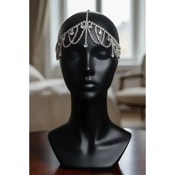 Gümüş Renk Taş Detaylı  Alınlık/Kına Aksesuarı