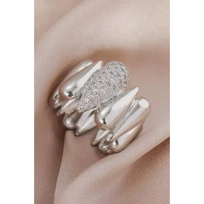 Gümüş Renk Taş Detaylı Ayarlanabilir Çelik Yüzük