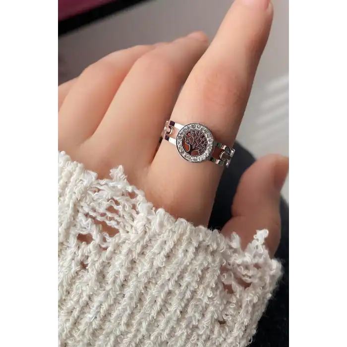 Gümüş Renk Hayat Ağacı Figürlü Ayarlanabilir Çelik Yüzük