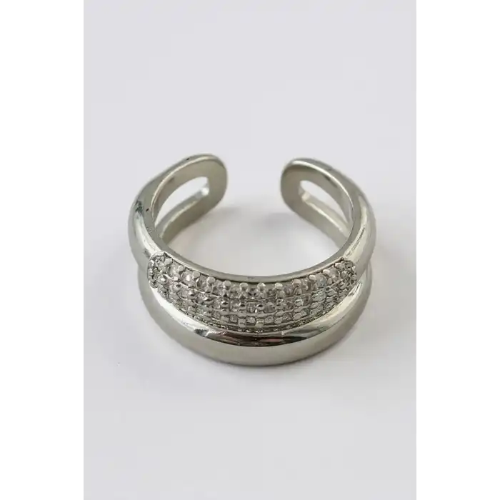 Gümüş Renk Taş Detaylı Ayarlanabilir Çelik Yüzük