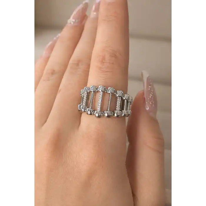 Gümüş Renk Taş Detaylı Ayarlanabilir Yüzük