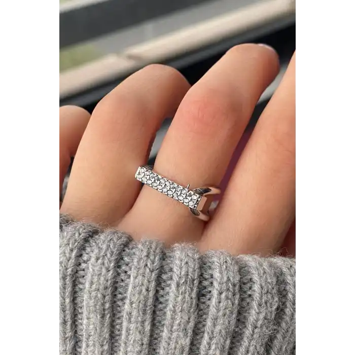 Gümüş Renk Taş Detaylı Ayarlanabilir Yüzük