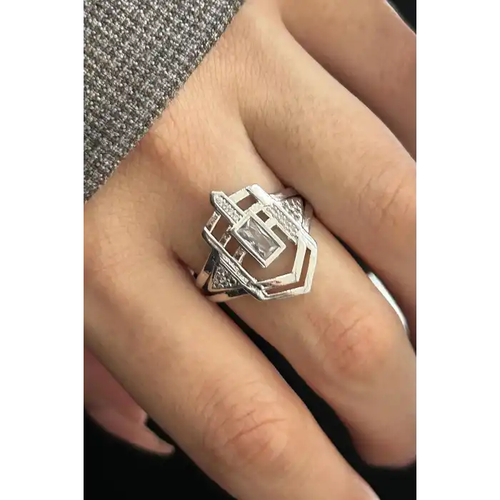 Gümüş Renk Taş Detaylı Ayarlanabilir Yüzük