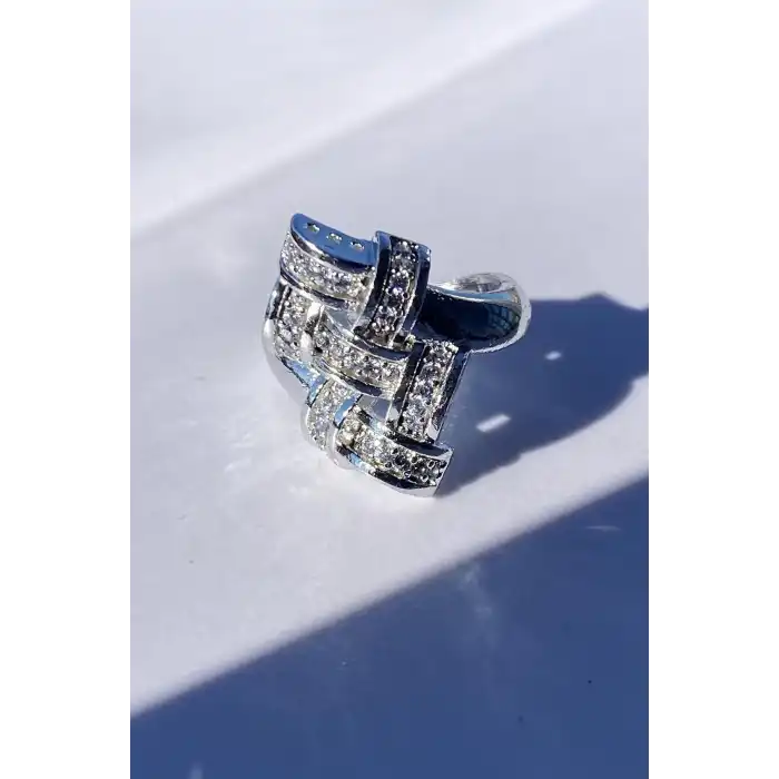 Gümüş Renk Taş Detaylı Ayarlanabilir Yüzük