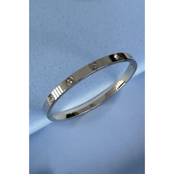 Gümüş Renk Taş Detaylı Çelik Bileklik 55MM