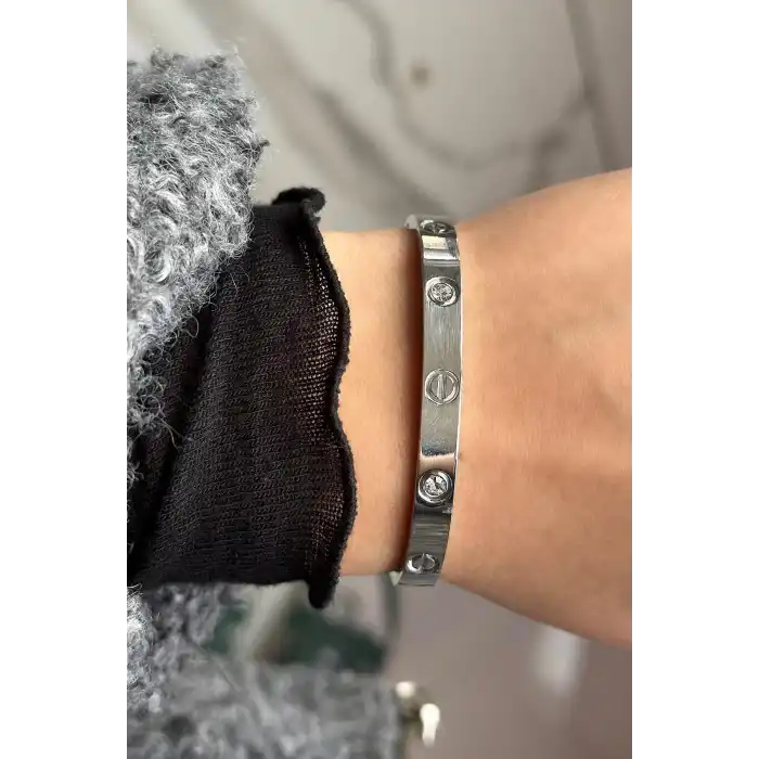 Gümüş Renk Taş Detaylı Çelik Bileklik 55MM