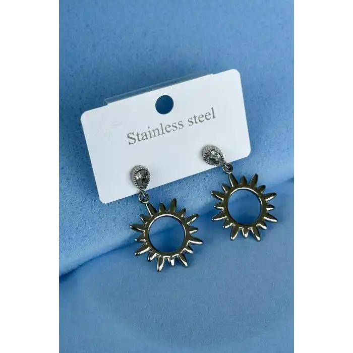 Gümüş Renk Taş Detaylı Çelik Küpe (Çift)