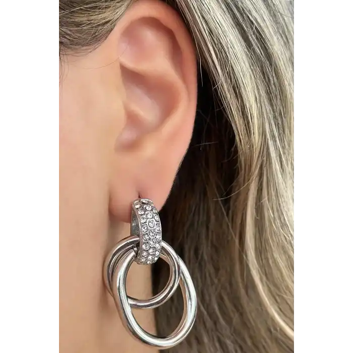 Gümüş Renk Taş Detaylı  Çelik Küpe (Çift)