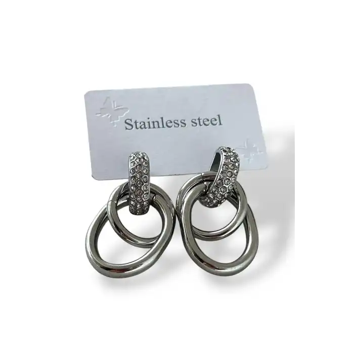 Gümüş Renk Taş Detaylı  Çelik Küpe (Çift)