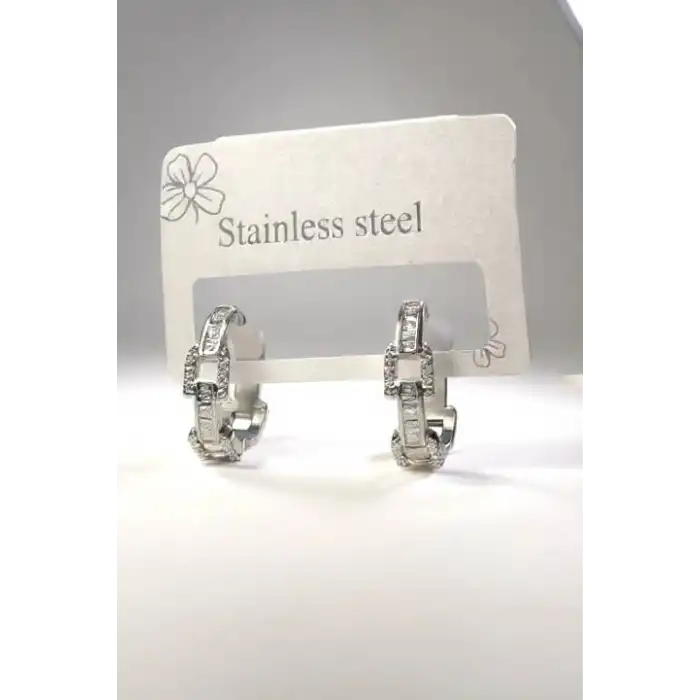 Gümüş Renk Taş Detaylı Çelik Küpe (Çift)