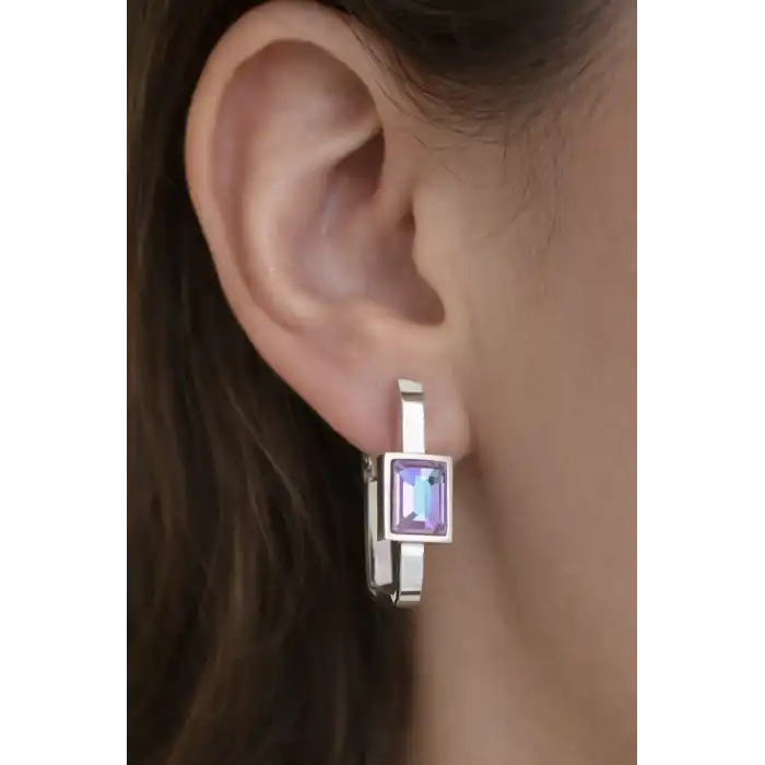 Gümüş Renk Taş Detaylı Çelik Küpe (Çift)