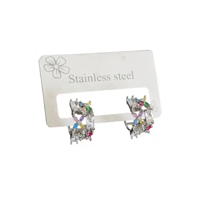 Gümüş Renk Taş Detaylı Çelik Küpe (Çift)