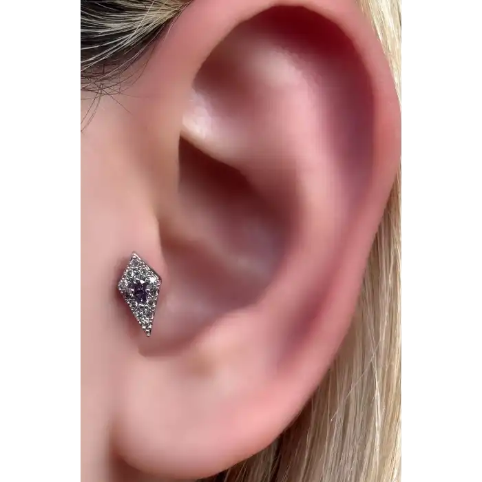 Gümüş Renk Taş Detaylı Çelik Tragus/Kıkırdak Küpe/Piercing (Tek)