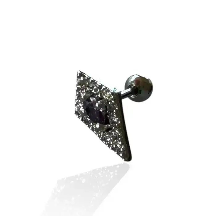 Gümüş Renk Taş Detaylı Çelik Tragus/Kıkırdak Küpe/Piercing (Tek)