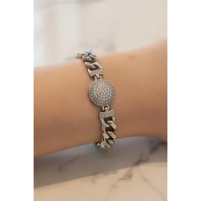 Gümüş Renk Taş Detaylı Çelik Xupıng VİP Bileklik