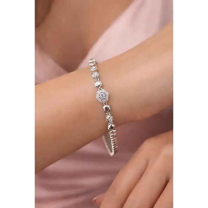 Gümüş Renk Taş Detaylı Çelik Xupıng VİP Bileklik