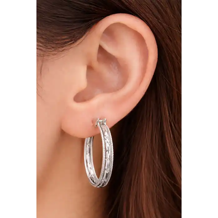 Gümüş Renk Taş Detaylı Çelik Xupıng VİP Halka Küpe