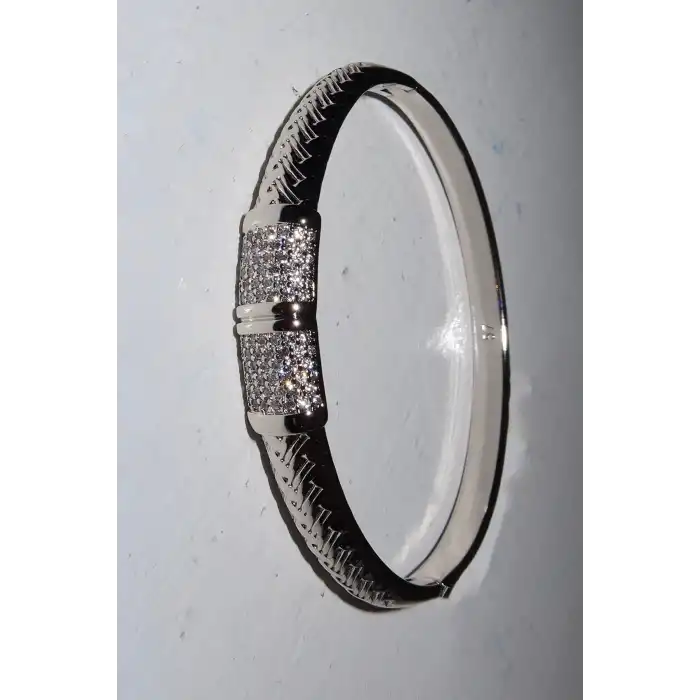 Gümüş Renk Taş Detaylı Çelik Xupıng VİP Kelepçe Bileklik