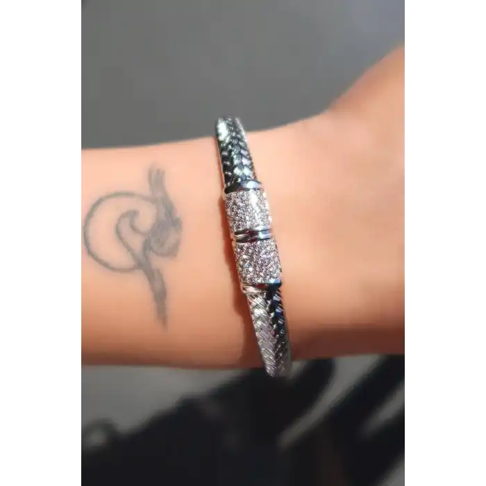 Gümüş Renk Taş Detaylı Çelik Xupıng VİP Kelepçe Bileklik