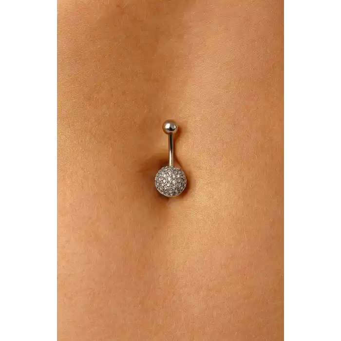 Gümüş Renk Taş Detaylı Cerrahi Çelik Göbek Piercing
