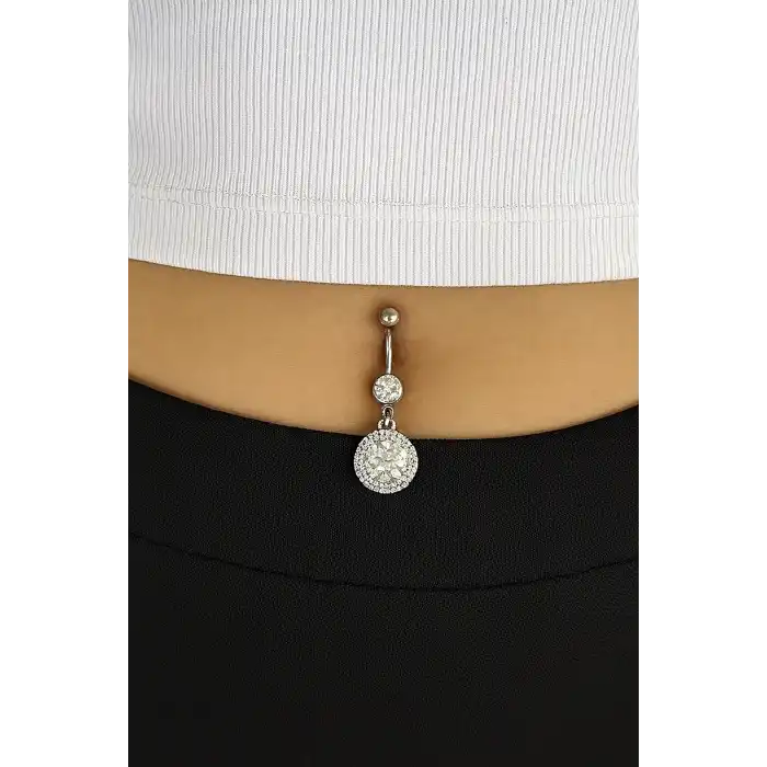 Gümüş Renk Taş Detaylı Cerrahi Çelik Göbek Piercing