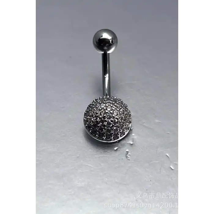 Gümüş Renk Taş Detaylı Cerrahi Çelik Göbek Piercing