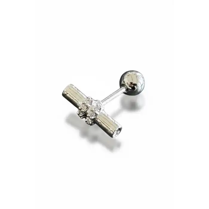 Gümüş Renk Taş Detaylı Cerrahi Çelik Tragus/Kıkırdak Küpe/Piercing (Tek)